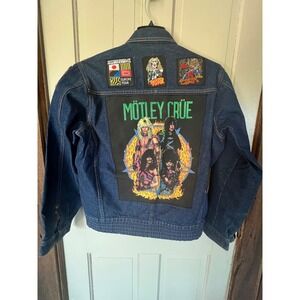 VTG Brittania Denim Battle Jacket Motley Crue Iron Maiden Scorpions Patches LG